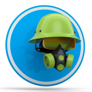 Mühendis miğferi gibi tamir ve montaj için bir takım giysi ve aletler. Kulaklıklar, solunum cihazı ve beyaz arka planda trafik işaretleri. 3D tesisatçı ya da tamirci servisi