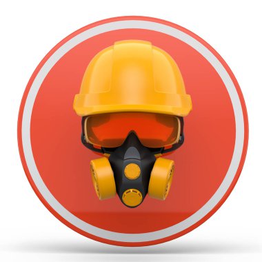 Mühendis miğferi gibi tamir ve montaj için bir takım giysi ve aletler. Kulaklıklar, solunum cihazı ve beyaz arka planda trafik işaretleri. 3D tesisatçı ya da tamirci servisi