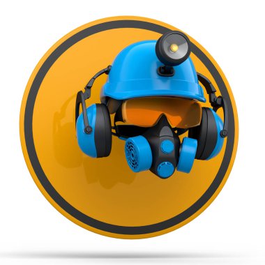 Mühendis miğferi gibi tamir ve montaj için bir takım giysi ve aletler. Kulaklıklar, solunum cihazı ve beyaz arka planda trafik işaretleri. 3D tesisatçı ya da tamirci servisi