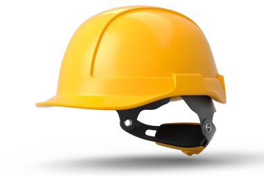 Sarı güvenlik kaskı ya da beyaz arka planda izole edilmiş sert başlık. 3D görüntüleme ve başlık ve tamirci araçları illüstrasyonu