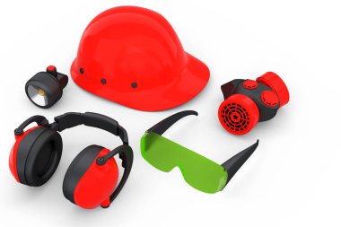 Kask gibi tamir ve montaj için bir set inşaat giysisi. Kulaklıklar ve solunum cihazı beyaz arka planda. Tesisatçı ya da tamirci için 3D tasvir ve hizmet afişi
