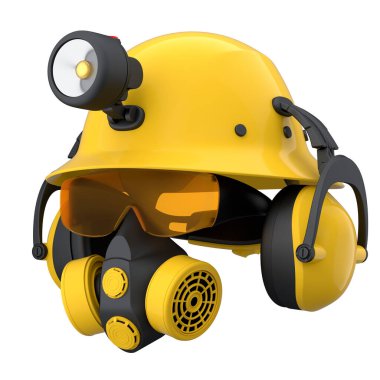 Kask gibi tamir ve montaj için bir set inşaat giysisi. Kulaklıklar ve solunum cihazı beyaz arka planda. Tesisatçı ya da tamirci için 3D tasvir ve hizmet afişi