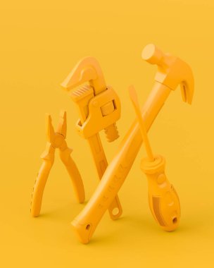 Çok renkli arka planda onarım ve kurulum için monokrom inşaat araçlarının izole görüntüsü. Tesisatçı ya da tamirci için 3D tasvir ve hizmet afişi