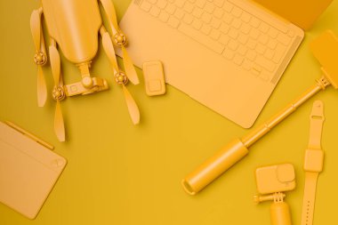 Mevcut olmayan DSLR kamera, cep telefonu, monokrom arka planda selfie çubuğundaki dron ve aksiyon kamerası gibi tasarımcı çalışma alanının ve teçhizatının üst görüntüsü. Canlı yayın için 3D aksesuar hazırlama