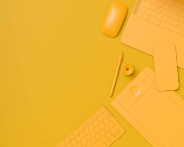 Monokrom masa zemininde dizüstü bilgisayar, tablet, klavye ve telefon gibi tasarımcıların çalışma alanlarının ve teçhizatlarının üst görüntüsü. Çizim, çizim ve illüstratör veya fotoğraf araçları için aksesuarların 3d görüntülenmesi