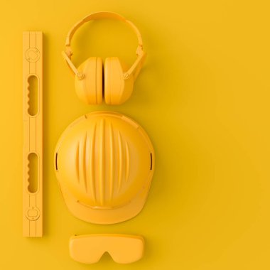 Tek renkli inşaat araçlarının çok renkli arka planda onarım ve kurulumu için üst görünümü. Tesisatçı ya da tamirci için 3D tasvir ve hizmet afişi