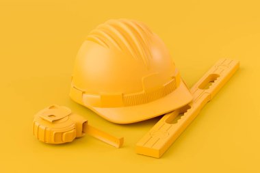 Çok renkli arka planda onarım ve kurulum için monokrom inşaat araçlarının izole görüntüsü. Tesisatçı ya da tamirci için 3D tasvir ve hizmet afişi