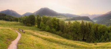 Meadow with road and bench near Hintersee lake during sunset in Berchtesgaden National Park, Upper Bavarian Alps, Germany, Europe. Clipping path of sky clipart
