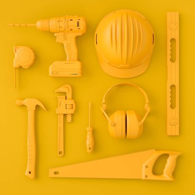 Tek renkli inşaat araçlarının çok renkli arka planda onarım ve kurulumu için üst görünümü. Tesisatçı ya da tamirci için 3D tasvir ve hizmet afişi