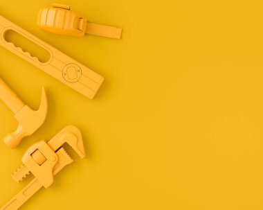 Tek renkli inşaat araçlarının çok renkli arka planda onarım ve kurulumu için üst görünümü. Tesisatçı ya da tamirci için 3D tasvir ve hizmet afişi