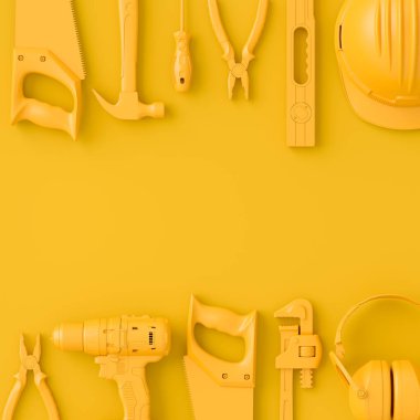 Tek renkli inşaat araçlarının çok renkli arka planda onarım ve kurulumu için üst görünümü. Tesisatçı ya da tamirci için 3D tasvir ve hizmet afişi