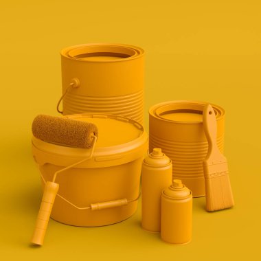 Set of metal and plastic buckets, paint roller and brush for painting walls on monochrome background. 3d render of renovation apartment concept and interior design