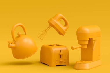 Elektrikli mutfak aletleri ve mutfak aletleri sarı tek renkli arka planda mutfak yapmak için. Pişirme, pişirme, karıştırma ve kırbaçlama için 3D mutfak gereçleri