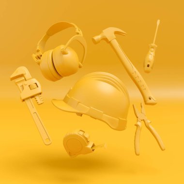 Tek renkli inşaat araçlarının çok renkli arka planda onarım ve kurulumu için uçan görünümü. Tesisatçı ya da tamirci için 3D tasvir ve hizmet afişi