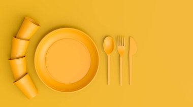 Tabak, halk, kaşık, bıçak, bardak, biber ve tuz değirmeni gibi sarı monokrom arka planda fotokopi alanı olan tek kullanımlık aletler. 3D dünyayı kurtarma ve sıfır atık kavramı