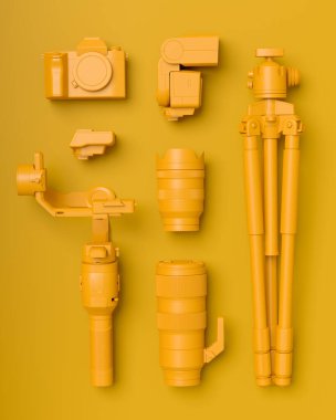 Monokrom tasarımlı çalışma alanının üst görüntüsü ve DSLR kamera, lens ve tek renkli arka planda hız ışığı gibi teçhizatlar. İllüstratör ve fotoğrafçılık araçları için aksesuarların 3d görüntülenmesi