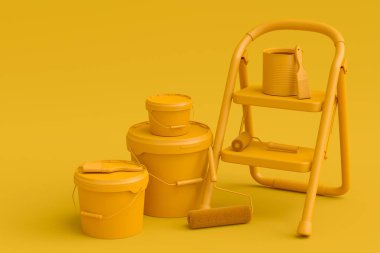 Set of metal cans or buckets with paint roller, brush and folding ladder for painting walls on monochrome background. 3d render of renovation apartment concept and interior design