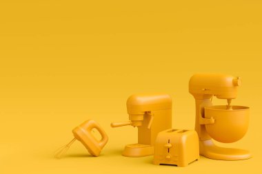 Elektrikli mutfak aletleri ve mutfak aletleri sarı tek renkli arka planda mutfak yapmak için. Pişirme, pişirme, karıştırma ve kırbaçlama için 3D mutfak gereçleri