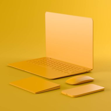 Grafik tabletli, fareli, kulaklıklı ve tek renkli arka planda izole edilmiş alüminyum laptop. Yaratıcı tasarım ekipmanı ve kompakt çalışma alanı konsepti