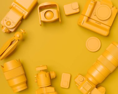 Monokrom tasarımlı çalışma alanının üst görüntüsü ve DSLR kamera, lens ve tek renkli arka planda hız ışığı gibi teçhizatlar. İllüstratör ve fotoğrafçılık araçları için aksesuarların 3d görüntülenmesi