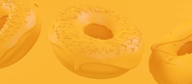 Çikolata kaplı donut, hareket halinde serpiştirilmiş, tek renkli sarı arka planda fotokopi alanının üzerine düşüyor. Fast food fırınının 3 boyutlu tasarım elementleri.