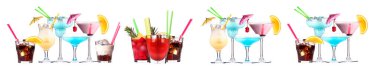 Bira, martini, soda, şampanya, beyaz arka planda izole edilmiş viski gibi farklı alkollü kokteyller.