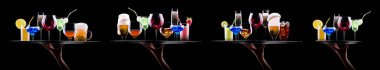 Bira, martini, soda, şampanya, siyah arka planda izole edilmiş viski gibi farklı alkollü kokteyllerle el ele tutuşmalar.