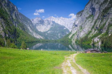 Berchtesgaden Ulusal Parkı, Yukarı Bavyera Alpleri, Almanya ve Avrupa 'daki Obersee Gölü yakınlarındaki dağ vadisinin güzel manzarası. Doğa konseptinin güzelliği.