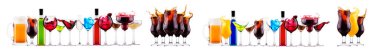 Bira, martini, soda, şampanya, beyaz arka planda izole edilmiş viski gibi farklı alkollü kokteyller.