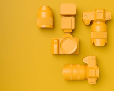 Monokrom tasarımlı çalışma alanının üst görüntüsü ve DSLR kamera, lens ve tek renkli arka planda hız ışığı gibi teçhizatlar. İllüstratör ve fotoğrafçılık araçları için aksesuarların 3d görüntülenmesi
