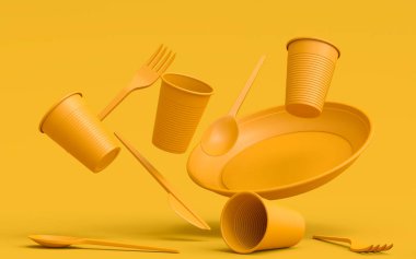 Tabak, halk, kaşık, bıçak, bardak, biber ve tuz değirmeni gibi sarı monokrom arka planda fotokopi alanı olan tek kullanımlık aletler. 3D dünyayı kurtarma ve sıfır atık kavramı