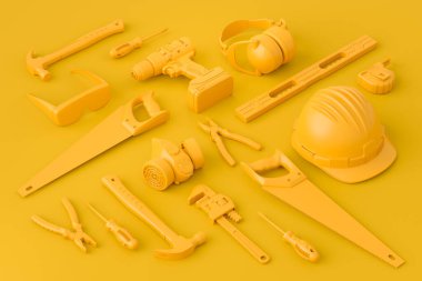 Çok renkli arka planda onarım ve kurulum için monokrom inşaat araçlarının izole görüntüsü. Tesisatçı ya da tamirci için 3D tasvir ve hizmet afişi