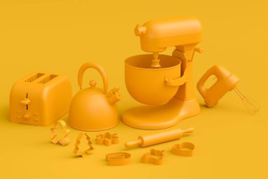 Sarı monokrom arka planda kurabiye yapmak için mutfak gereçleriyle karıştırıcı ve kurabiye kesiciler. Aşçılık, harmanlama ve karıştırma için 3D pişirme süreci adım adım ve aksesuarları