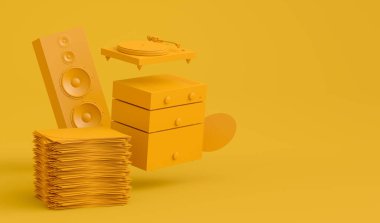 Hoparlörlü Hi-Fi hoparlörleri ve tek renkli arka planda DJ döner tablosu. Ses kayıt stüdyosu için müzik kutusu ve vinil plak çalar gibi 3D ses ekipmanları oluştur