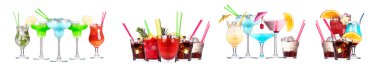 Bira, martini, soda, şampanya, beyaz arka planda izole edilmiş viski gibi farklı alkollü kokteyller.