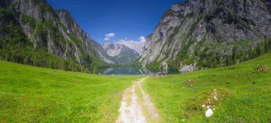 Berchtesgaden Ulusal Parkı, Yukarı Bavyera Alpleri, Almanya ve Avrupa 'daki Obersee Gölü yakınlarındaki dağ vadisinin güzel manzarası. Doğa konseptinin güzelliği.