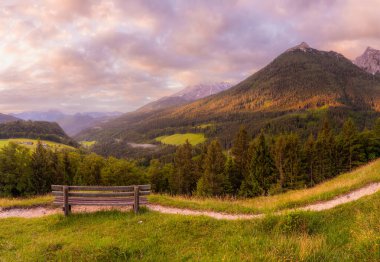 Berchtesgaden Ulusal Parkı, Yukarı Bavyera Alpleri, Almanya, Avrupa 'da gün batımında Hintersee Gölü yakınlarında yol ve bank ile Meadow. Gökyüzü yolu kırpılıyor