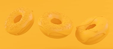 Çikolata kaplı donut, hareket halinde serpiştirilmiş, tek renkli sarı arka planda fotokopi alanının üzerine düşüyor. Fast food fırınının 3 boyutlu tasarım elementleri.