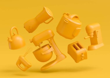 Elektrikli mutfak aletleri ve mutfak aletleri sarı tek renkli arka planda mutfak yapmak için. Pişirme, pişirme, karıştırma ve kırbaçlama için 3D mutfak gereçleri