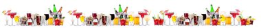 Bira, martini, soda, şampanya, beyaz arka planda izole edilmiş viski gibi farklı alkollü kokteyller.