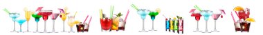 Bira, martini, soda, şampanya, beyaz arka planda izole edilmiş viski gibi farklı alkollü kokteyller.