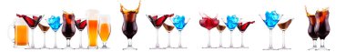 Bira, martini, soda, şampanya, beyaz arka planda izole edilmiş viski gibi farklı alkollü kokteyller.
