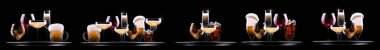 Bira, martini, soda, şampanya, siyah arka planda izole edilmiş viski gibi farklı alkollü kokteyllerle el ele tutuşmalar.