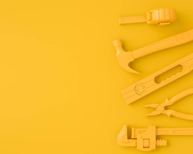 Tek renkli inşaat araçlarının çok renkli arka planda onarım ve kurulumu için üst görünümü. Tesisatçı ya da tamirci için 3D tasvir ve hizmet afişi