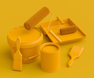 Set of metal cans or buckets with paint roller and tray for painting walls on monochrome background. 3d render of renovation apartment concept and interior design