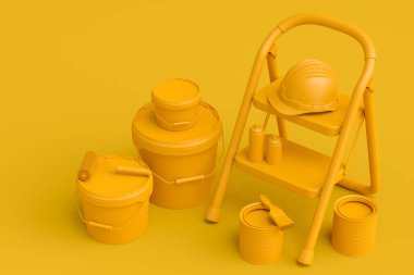 Set of folding ladder, bucket, safety helmet with paint rollers and brushes for painting walls on monochrome background. 3d render of renovation apartment concept and interior design