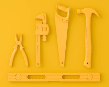 Tek renkli inşaat araçlarının çok renkli arka planda onarım ve kurulumu için üst görünümü. Tesisatçı ya da tamirci için 3D tasvir ve hizmet afişi