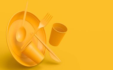 Tabak, halk, kaşık, bıçak, bardak, biber ve tuz değirmeni gibi sarı monokrom arka planda fotokopi alanı olan tek kullanımlık aletler. 3D dünyayı kurtarma ve sıfır atık kavramı