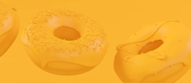 Çikolata kaplı donut, hareket halinde serpiştirilmiş, tek renkli sarı arka planda fotokopi alanının üzerine düşüyor. Fast food fırınının 3 boyutlu tasarım elementleri.