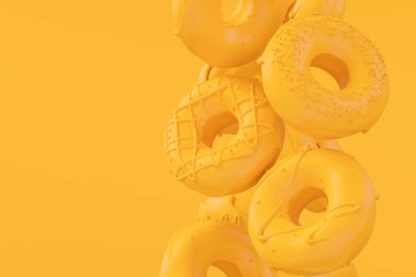 Çikolata kaplı donut, hareket halinde serpiştirilmiş, tek renkli sarı arka planda fotokopi alanının üzerine düşüyor. Fast food fırınının 3 boyutlu tasarım elementleri.